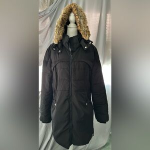 Elegant Black Puffer Coat with Faux Fur Removable Hood